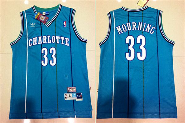 Men Charlotte Hornets 33 Alonzo Mourning Light Blue Throwback Stitched NBA Jersey